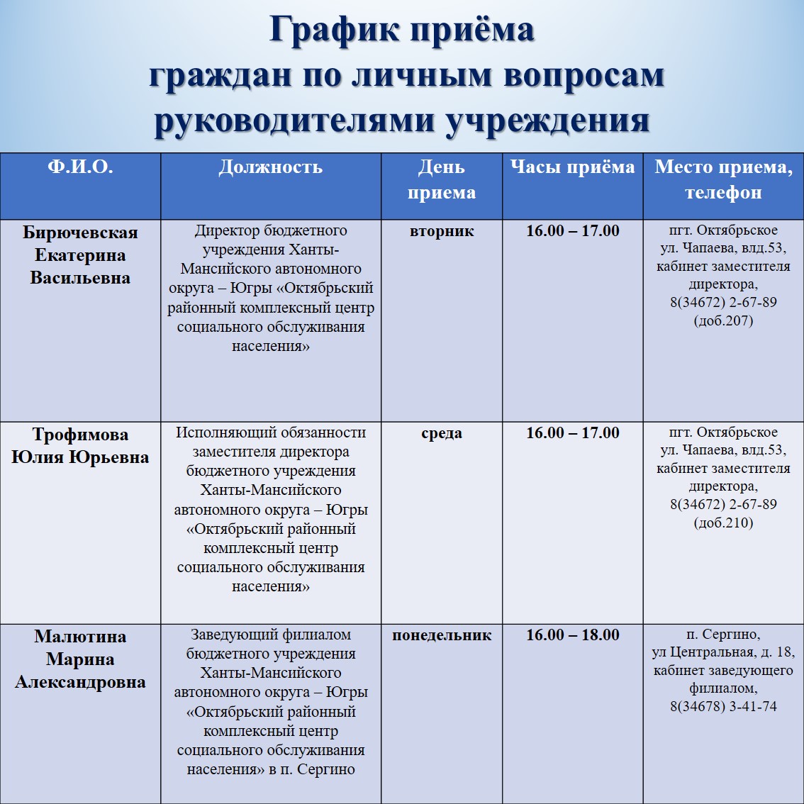 График приема граждан по личным вопросам руководителями БУ "Октябрьский районный комплексный центр социального обслуживания населения"